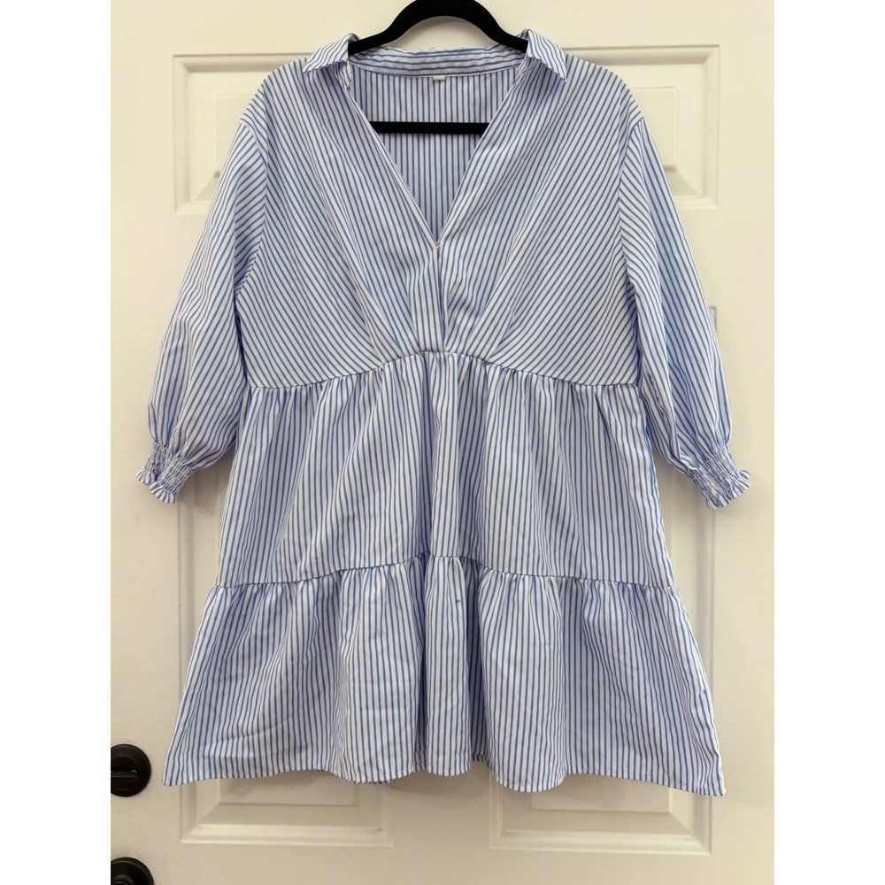| Striped Tiered Babydoll Mini Dress | L || Blue White|